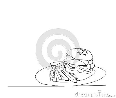 Continuous line drawing of Hamburger and Frenchfries on a plate vector illustration. Hamburger single line hand drawn minimalism Vector Illustration