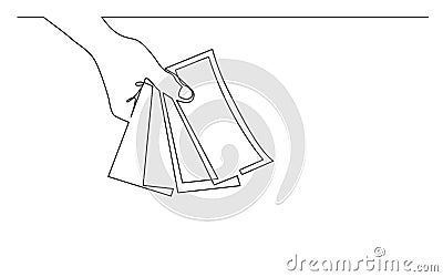 Continuous line drawing of hand giving money banknotes Vector Illustration