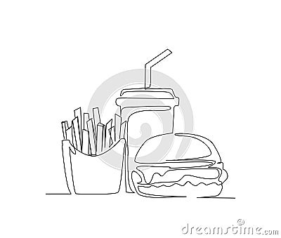 Continuous line drawing of Hand Hamburger, Frenchfries and drink vector illustration. Junk Food single line hand drawn minimalism Vector Illustration