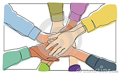 Continuous line drawing of team holding hands together Vector Illustration