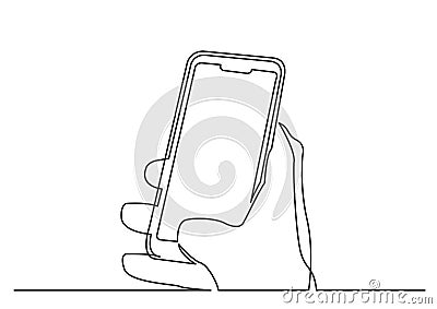 Continuous line drawing of hand with modern cell phone Cartoon Illustration