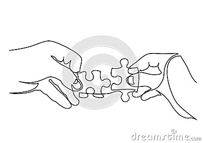 Continuous line drawing of hands solving jigsaw puzzle Vector Illustration