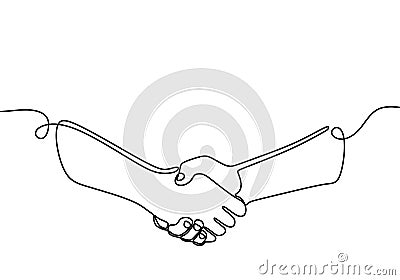 Continuous line drawing of handshake. Shaking hands of business partners drawn by one single line. Business agreement concept Vector Illustration