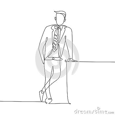 continuous line drawing of handsome businessman standing looks great and charming Vector Illustration