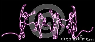 Continuous line drawing of happy cheering team of girls with neon vector effect Vector Illustration