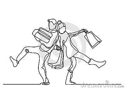 Continuous line drawing of happy couple with holiday gifts Vector Illustration