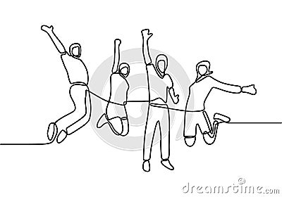 Continuous line drawing of happy group of students jumping after graduation with minimalist design isolated in white background Vector Illustration