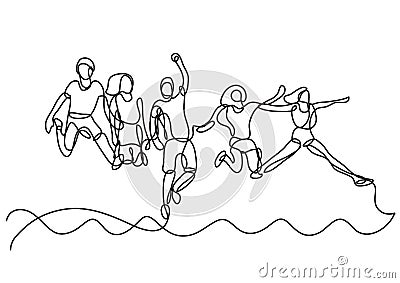 Continuous line drawing of happy group of students jumping over sea Cartoon Illustration