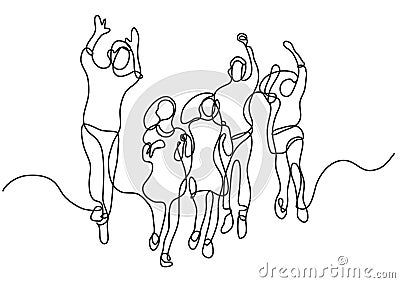 Continuous line drawing of happy jumping group of young kids Vector Illustration