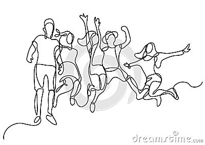 Continuous line drawing of happy jumping group of youth Cartoon Illustration