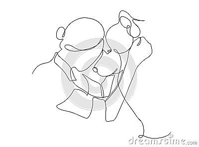 Continuous line drawing of a happy pet with a dog. A young woman squatting, hugs and kisses her dog. Funny girl hugs her pet. Cartoon Illustration