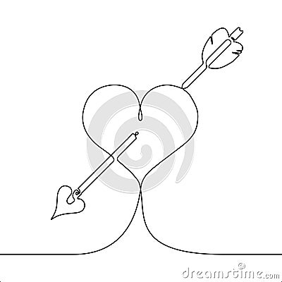 Continuous line drawing heart pierced by an arrow Vector Illustration