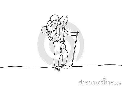 Continuous line drawing of hijab girl with backpack hiking minimalist design Vector Illustration