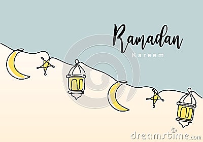 Continuous line drawing of islamic decoration with lantern, star, and moon and lettering. Muslim traditional holiday. Hand drawn Vector Illustration