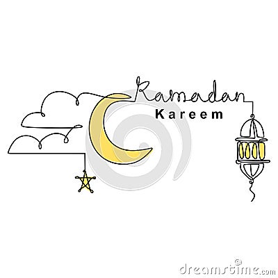 Continuous line drawing of islamic decoration with lantern, star, and moon and lettering. Muslim traditional holiday. Hand drawn Vector Illustration