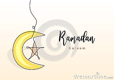 Continuous line drawing of islamic decoration with star, and moon and lettering. Muslim traditional holiday. Hand drawn line art Vector Illustration