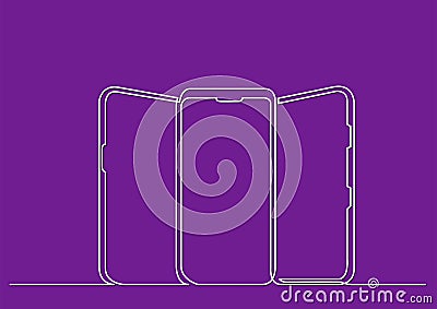 Continuous line drawing of isolated vector object - three standing vertical smart phones Vector Illustration