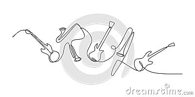 continuous line drawing of jazz instrument. Musical tools of electric guitar, trumpet, violin, bass, and saxophone Vector Illustration