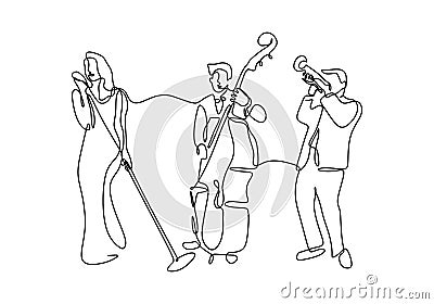 Continuous line drawing jazz music player. A group of singer, cello player, trumpet person isolated on white background Vector Illustration