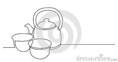 Continuous line drawing of kettle and two tea cups Stock Photo