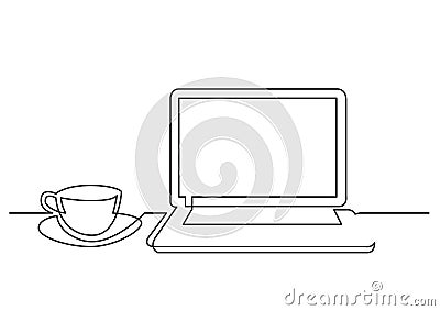 Continuous line drawing of laptop computer cup of tea Vector Illustration