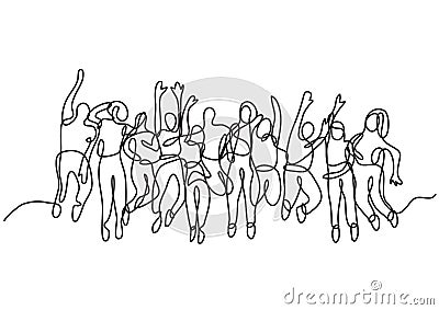 Continuous line drawing of large group of jumping people Vector Illustration