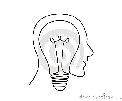 Continuous line drawing of light bulb symbol idea. Head and bulb out line illustration Vector Illustration