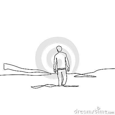 Continuous line drawing of lonely man on valley minimalism design on white background. Concept of alone person in outdoor vector Cartoon Illustration