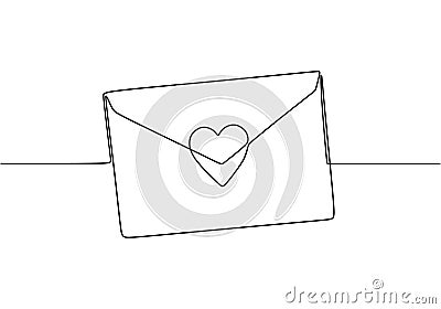 Continuous line drawing of Love letter with heart. Vector romantic mail for cards and invitation good for Valentine`s day theme Vector Illustration