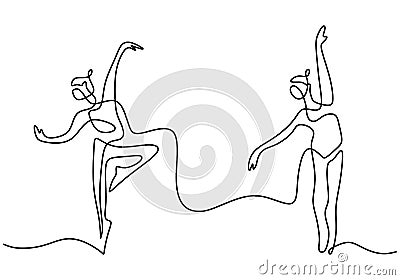 Continuous line drawing of loving couple woman and man dancing. Energetic young couple dance of man and girl isolated on white Vector Illustration