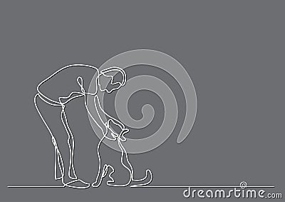 Continuous line drawing of man petting dog Vector Illustration
