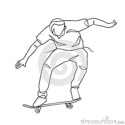 Continuous line drawing of man playing skateboard Vector Illustration