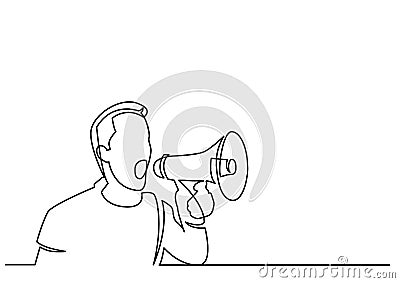 Continuous line drawing of man screaming on megaphone Vector Illustration