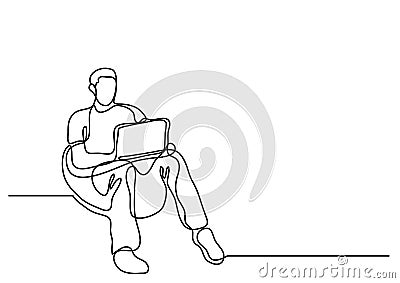 Continuous line drawing of man sitting in bean bag with laptop c Vector Illustration