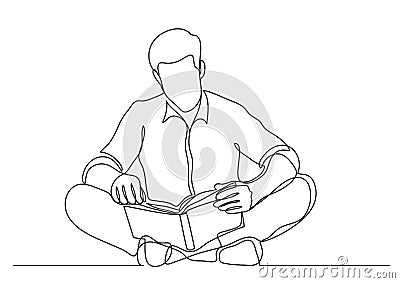 Continuous line drawing of man sitting on floor reading book Cartoon Illustration