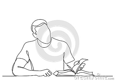 Continuous line drawing of man studying reading book Vector Illustration