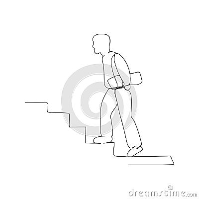 continuous line drawing of man walkin up stairs. isolated sketch drawing of man walkin up stairs line concept. outline thin stroke Vector Illustration