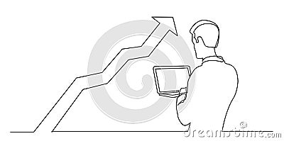 Continuous line drawing of man watching laptop computer at increasing graph Vector Illustration
