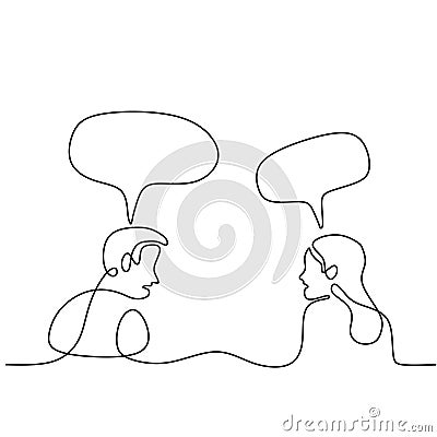 Continuous line drawing of man and woman having conversation with speech bubbles. Young couple sitting and Having small talk at Vector Illustration