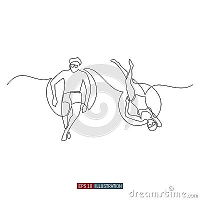 Continuous line drawing of Man and woman swim in the pool on rubber rings. Vacation. Rest. Beach. Template for your design. Vector Vector Illustration