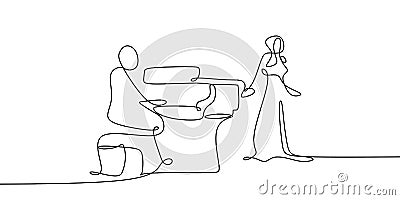 continuous line drawing of men playing piano music instruments and singing women Vector Illustration