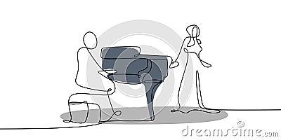 continuous line drawing of men playing piano music instruments and singing women Vector Illustration