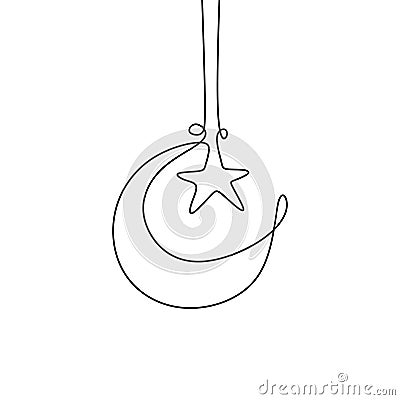 continuous line drawing of moon and star for ramadan kareem Vector Illustration