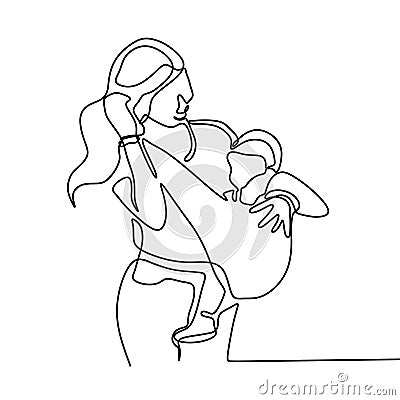 Continuous line drawing of mother and baby. Fashionable mom still young carry her son Vector Illustration