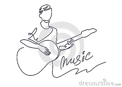 Continuous line drawing of musician plays acoustic guitar vector illustration isolated on white. Musical concept for Vector Illustration