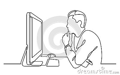 Continuous line drawing of office worker concentrated behind computer Cartoon Illustration