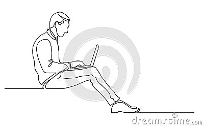 Continuous line drawing of office worker sitting working on laptop computer Vector Illustration