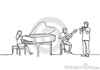 Continuous line drawing of orchestra music performance. Piano, guitar, and trumpet clarinet player. Musician artist concept single Vector Illustration