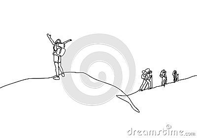 Continuous line drawing of people hiking climb a mountain peak. He celebrate of happiness and freedom Vector Illustration