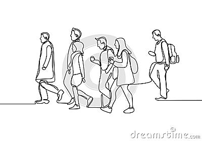 Continuous line drawing of people walking on the street after work time conteptual hand drawn minimalism lineart design isolated Vector Illustration